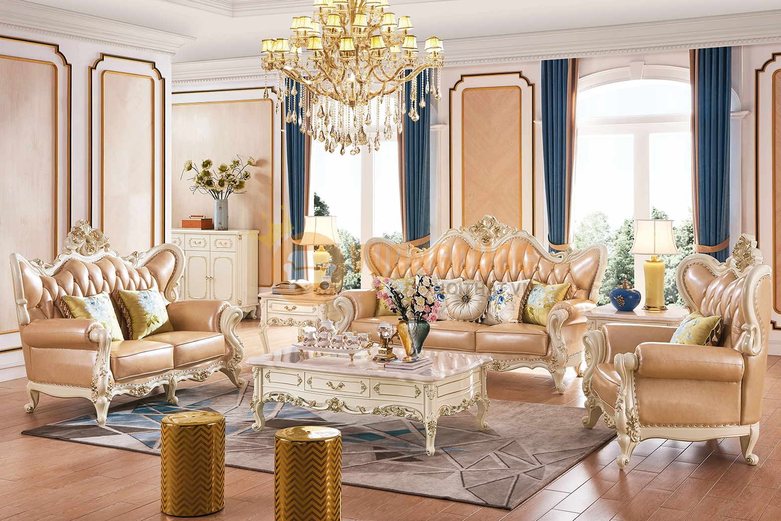 Mẫu sofa phòng khách cổ điển màu kem trang nhã