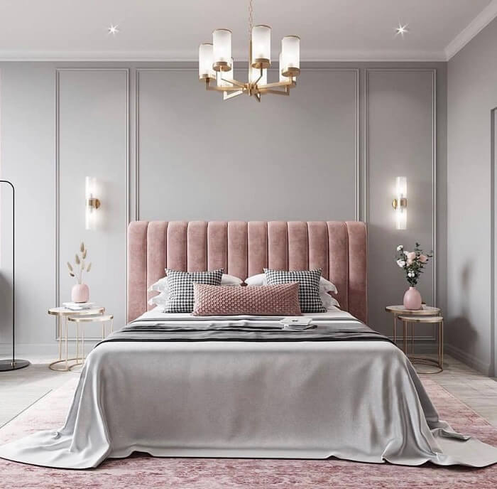 Phòng ngủ màu hồng – xám phong cách sang trọng