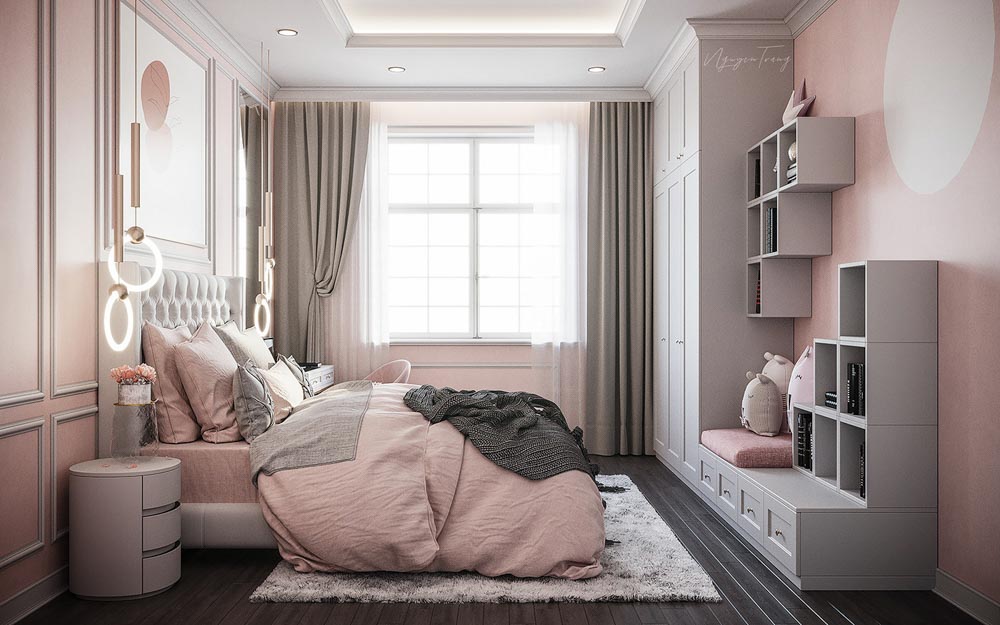Trang trí phòng ngủ màu hồng - trắng tinh tế