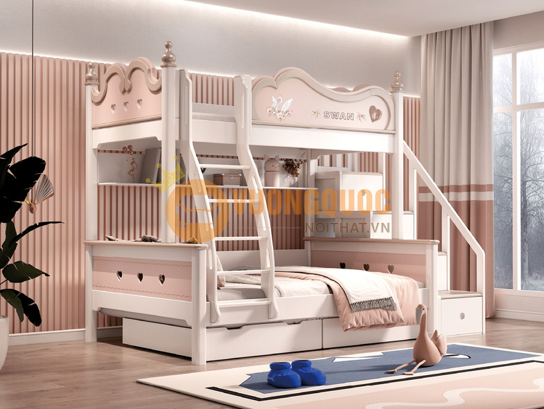 Mẫu giường tầng vô cùng hiện đại màu hồng dễ thương 