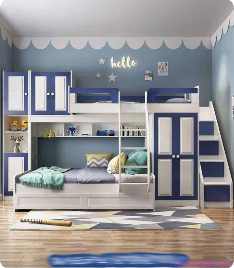 Mẫu giường tầng cho bé trai màu xanh kết hợp nhiều tiện ích 