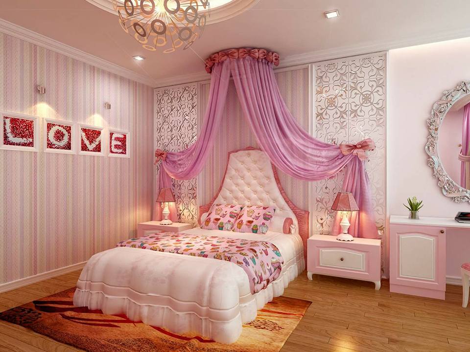 Phòng ngủ cho bé gái 15 tuổi màu hồng xinh xỉu 